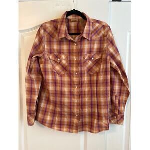 Wrangler Long Sleeved Pearl Snap Front Plaid Shirt Size L Large Orange Plum